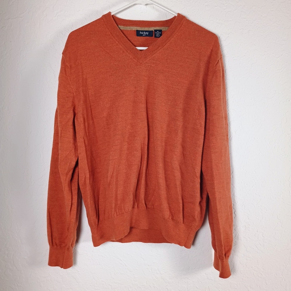 Hickey Golf Men's XL V-Neck Sweater‎ 100% Merino Wool Burnt Orange Pullover